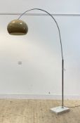 A vintage 1970's/80's chrome plated arc lamp, with a Guzzini style moulded brown shade and a white