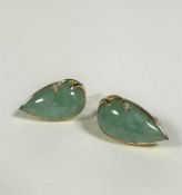 A pair of 14ct gold mounted pear shaped pale celadon jadeite earrings, mounted in scroll setting,