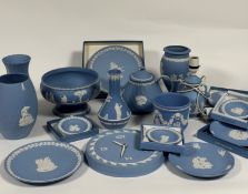 A collection of Wedgewood Jasperware comprising a teapot ( l -21cm), a small baluster lamp with twin