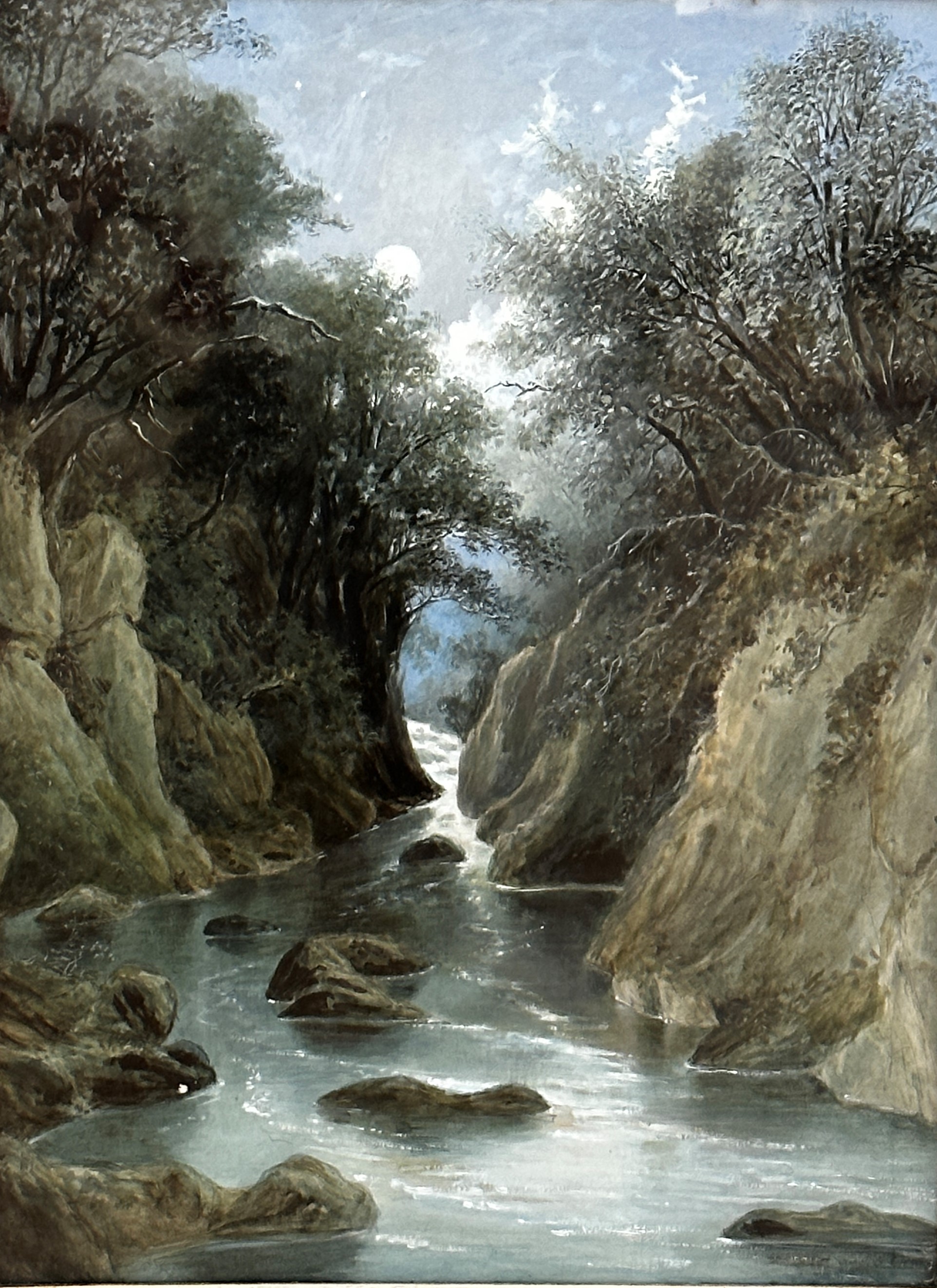 J W, Highland Stream, watercolour, signed with initials bottom left, glazed gilt composition