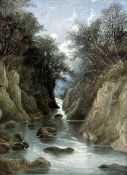 J W, Highland Stream, watercolour, signed with initials bottom left, glazed gilt composition