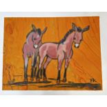 Terry Barron Kirkwood, (Scottish) Two Ponies, gouache and pastel, hand made and marbled paper,