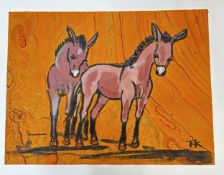 Terry Barron Kirkwood, (Scottish) Two Ponies, gouache and pastel, hand made and marbled paper,