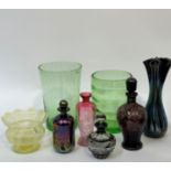 A collection of studio/art glass comprising a large Whitefriars green bubble vase, another green