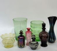 A collection of studio/art glass comprising a large Whitefriars green bubble vase, another green