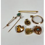 A 9ct gold heart shaped locket set turquoise, a circular open glazed pendant, a 9ct gold tie pin,