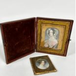 A 19thc style portrait miniature print in Morrocco style leather folding frame with gilt interior