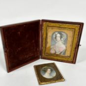 A 19thc style portrait miniature print in Morrocco style leather folding frame with gilt interior