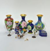 A group of modern Chinese cloisonne to include five vases (tallest h- 11cm), a miniature trinket box