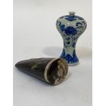 A 19th century white metal mounted horn snuff mull, (L11cm) together with a modern Chinese blue