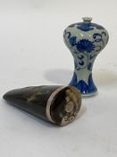 A 19th century white metal mounted horn snuff mull, (L11cm) together with a modern Chinese blue