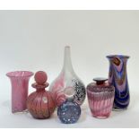 A collection of Maltese blown glass comprising perfume bottles and vases all in pink/blue colours,