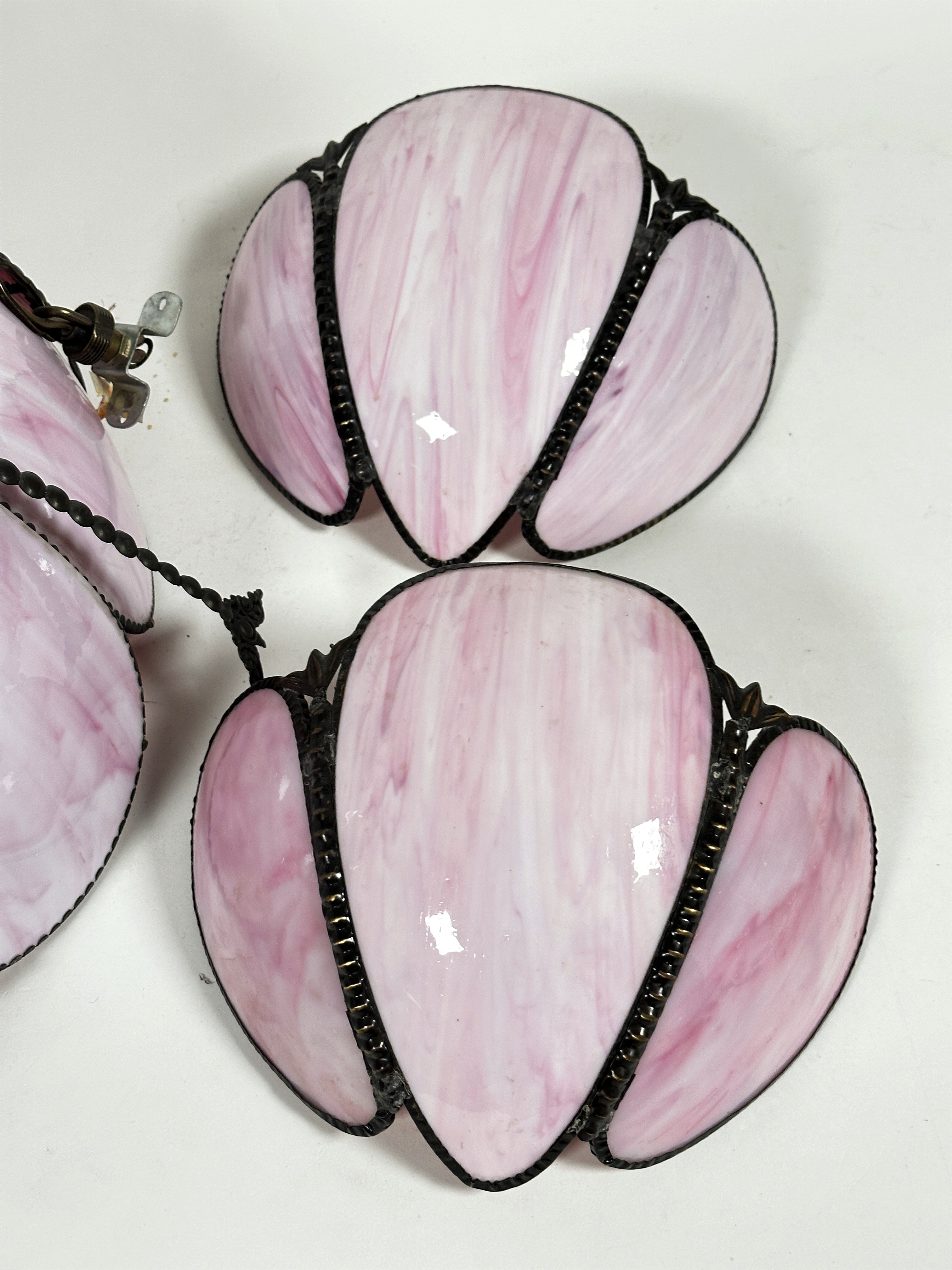 A Continental Belle Epoque style pink marbled glass panelled centre light fitting with beaded - Image 3 of 3