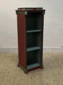 A panelled two height open bookcase, decorated in polychrome pait (H113cm, W41cm, D35cm) together