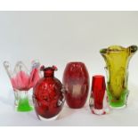 A collection of studio/art glass including a Swedish Aseda Glasbruk red carafe by Borne Augustsson