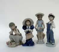 A trio of Lladro figures of a girl pondering, a boy from Madrid, Flowers on the lap together with