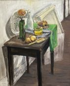 Scottish School, Still Life with Table, Onions, Bread and a Bottle of Milk, oil on board,