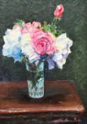 Guillermo Pastor, (Spanish, b: 1934-) Still Life with Vase of Pink and White Roses, oil on canvas,