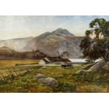 George Gray, (Scottish. 1880-1910) Highland Scene with Croft, Cattle and Distant Mountains,