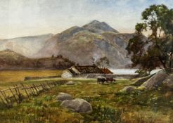 George Gray, (Scottish. 1880-1910) Highland Scene with Croft, Cattle and Distant Mountains,