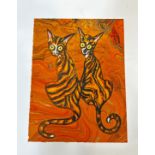 Terry Barron Kirkwood (Scottish) Two Tabby Cats, handmade paper with marbled ground, signed bottom