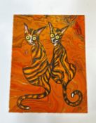 Terry Barron Kirkwood (Scottish) Two Tabby Cats, handmade paper with marbled ground, signed bottom