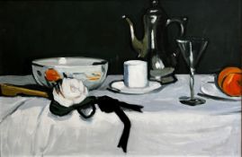 Colourist Style School, Still Life with Bowl, Silver Coffee Pot and Oranges, oil on panel, unsigned,