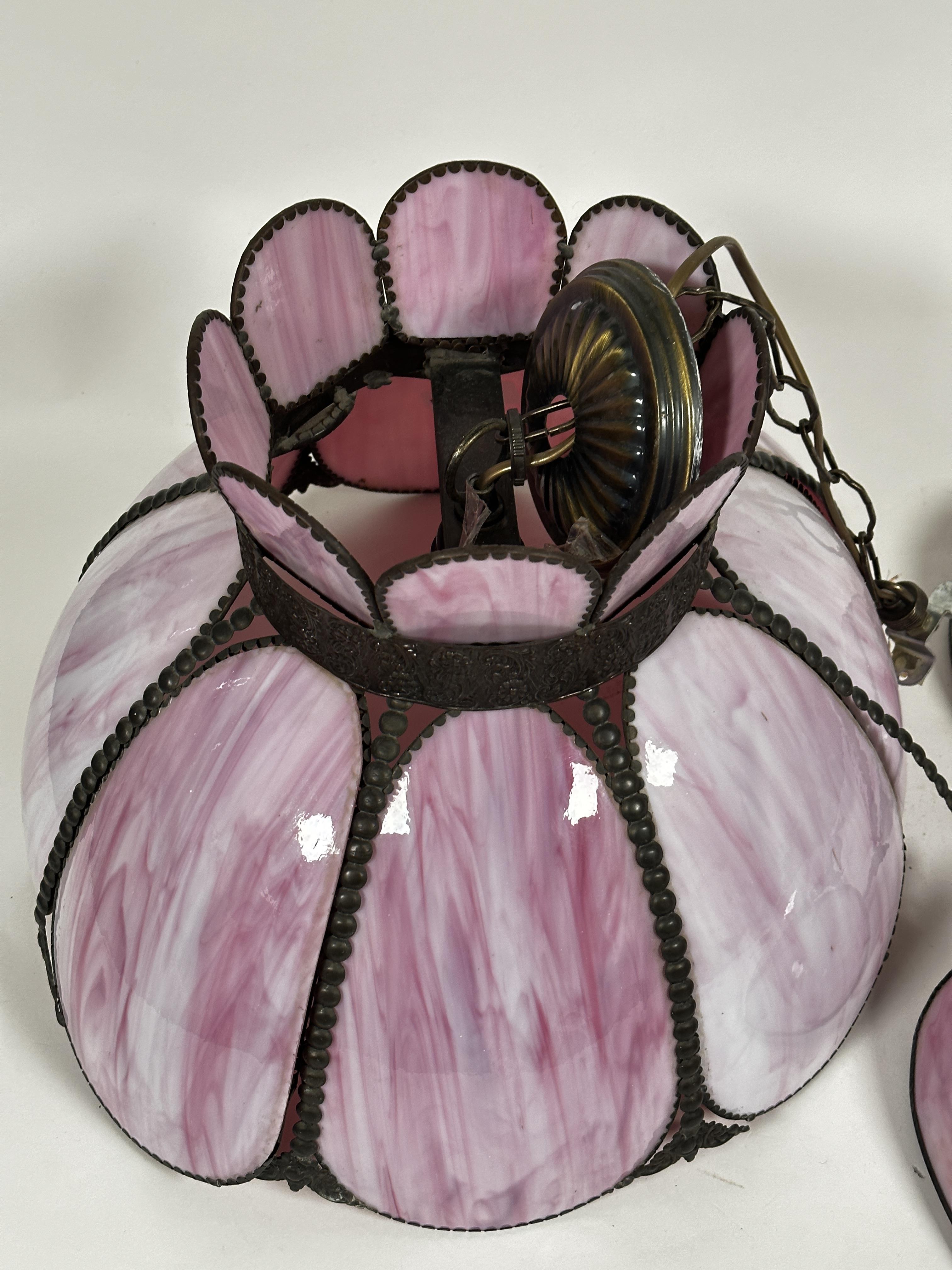 A Continental Belle Epoque style pink marbled glass panelled centre light fitting with beaded - Image 2 of 3