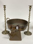 A large 19th century copper pan with twin riveted brass handles (W52cm) together with a vintage