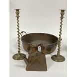 A large 19th century copper pan with twin riveted brass handles (W52cm) together with a vintage