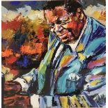 After Debra Hurd, reproduction print of Oscar Peterson, playing piano, (50cm x 50cm)