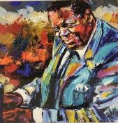 After Debra Hurd, reproduction print of Oscar Peterson, playing piano, (50cm x 50cm)