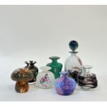 A collection of Maltese/studio blown glass comprising a bottle, vases and a toadstool form