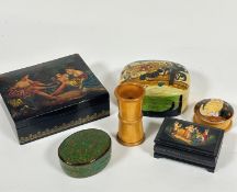 A Russian style treen box decorated with female figures, (h: 5cm x 15cm x 13cm) a small Russian