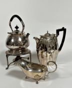 A Epns spirit kettle complete with stand and burner, an Epns George III style scalloped sauce