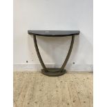 A painted hardwood demi-lune console table, the top raised on bowed stretchers, H77cm, W90cm, D48cm