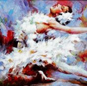 Uki, Ballet Dancer in Repose, oil on canvas board, signed bottom right, white painted mounted frame,