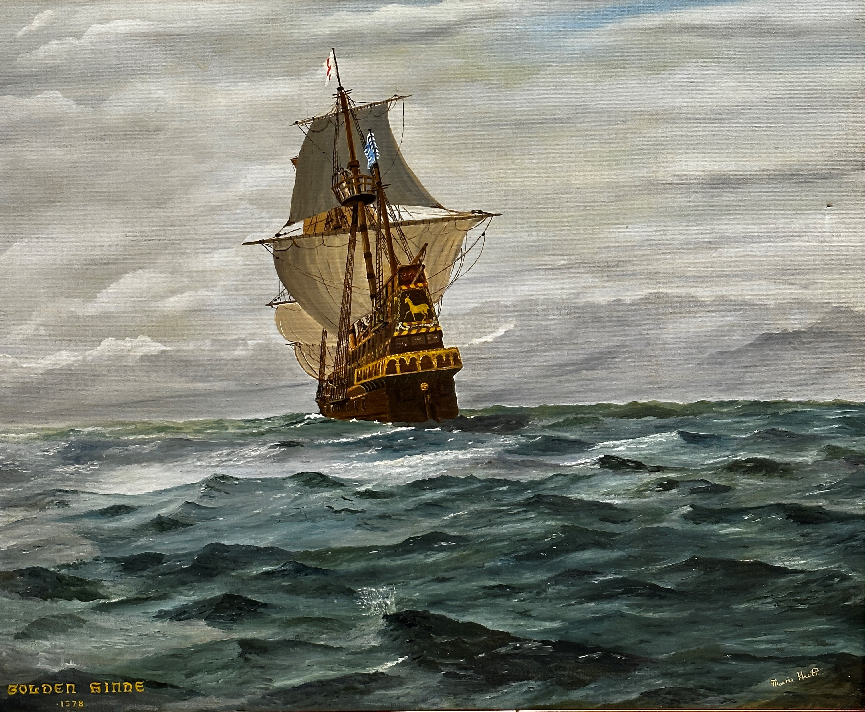 Maurice Heath, Golden Hind at sea, oil on canvas, inscribed bottom left, signed bottom right, gilt
