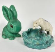 A pottery Polar Bear figure ash tray, (h: 10cm x 22cm x 20cm) and a Sylvac style pottery green