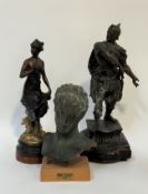 A group of sculptures comprising a classical style bronze patinated earthenware bust titled 'Youth