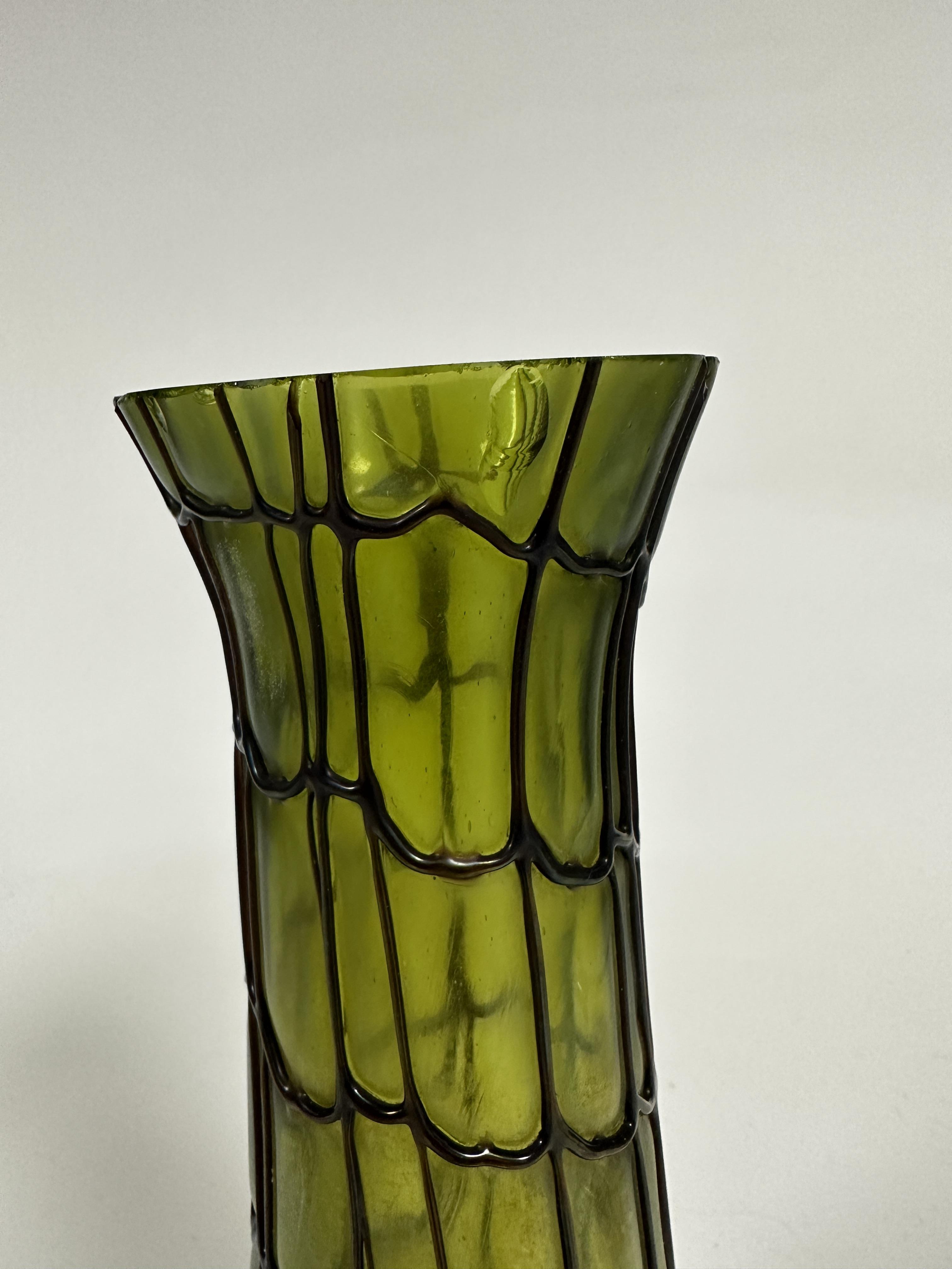 An Edwardian green lustre glass tapered cylinder vase with spreading foot with overlaid brown - Image 3 of 5