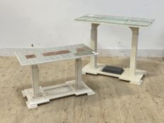 A white painted pine console table, the top with sectional applied mirrored panels over square