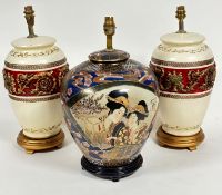 A Japanese china baluster vase table lamp with panel to front with two Japanese female figures