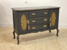 A blue painted hardwood sideboard, fitted with three drawers flanked by two cupboards, raised on