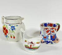 A cream ware pottery 19thc jug decorated with naive style floral sprays, chips to rim and spout,