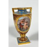 An Austrian porcelain two handled urn shaped vase depicting classical figure enclosed within an oval
