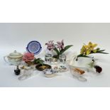 A mixed lot comprising a ceramic swan dish, two glass decorative shoes, a blue and white tea