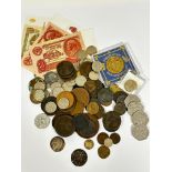 A collection of coins including Victorian and later pennies, thrupney bits, six pences, shillings,