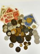 A collection of coins including Victorian and later pennies, thrupney bits, six pences, shillings,
