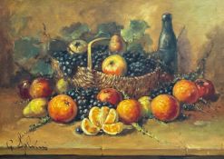 G Salvini, Still Life with Basket of Fruit including Grapes, Apples, Oranges, Pears etc, oil on
